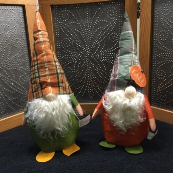 Thanksgiving Gnome Decoration Set 2 Fall Decor Harvest Orange Green Plaid Fabric - Picture 2 of 10